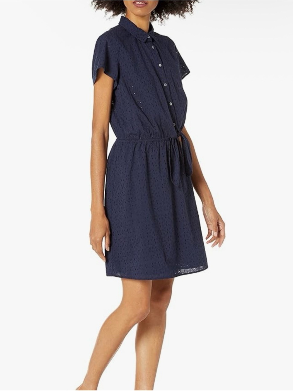 J Crew Mercantile Eyelet Tie Front Shirt Dress Navy Blue Women M Cotton